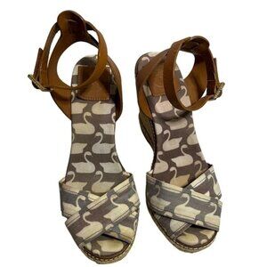 Tory Burch Swan Espadrille Wedge Sandals Ankle Strap Women's Size 8 B